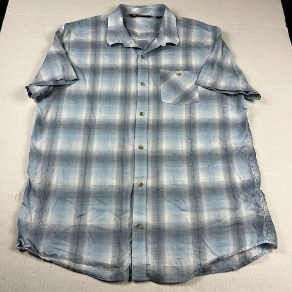 Travis Mathew Gradient Blue Ombre Plaid Button Down Shirt XL Casual Short Sleeve - Picture 1 of 10